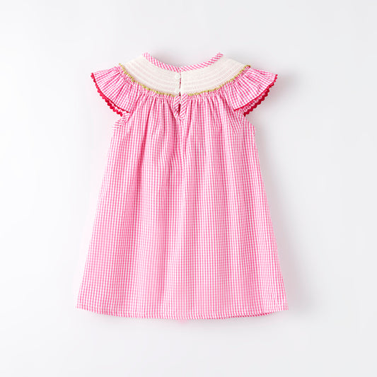 Girls Summer Pink Plaid Crocodile Embroidered Smocked Dress
