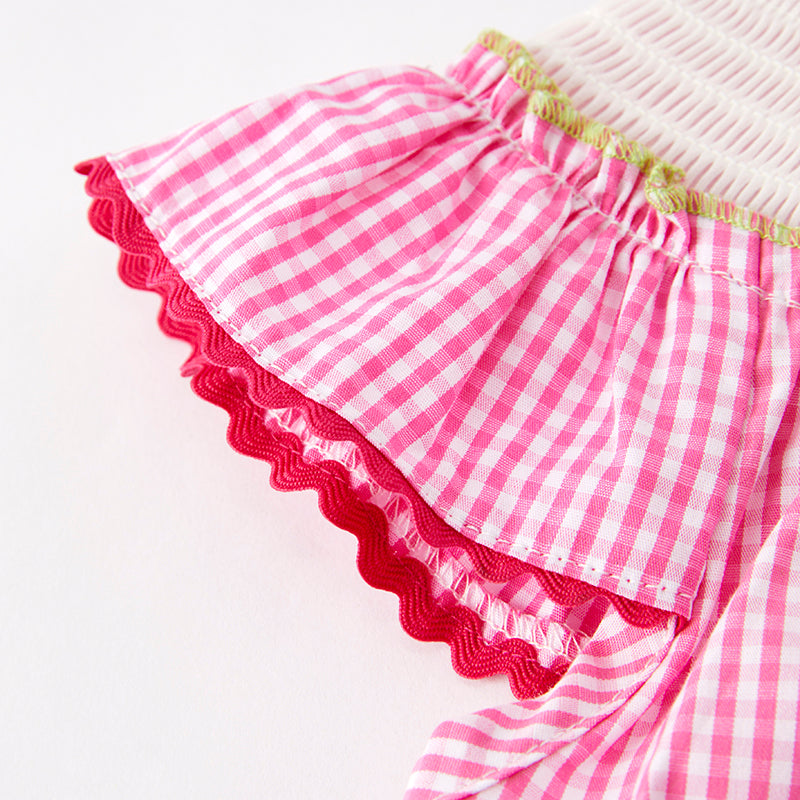 Girls Summer Pink Plaid Crocodile Embroidered Smocked Dress
