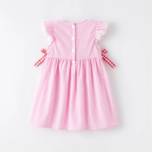 Girls Back To School Pink Stripes Apple Applique Dress