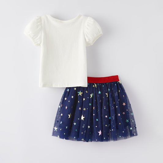 Girls 4th Of July White Blue Red Star Tutu Skirt Set