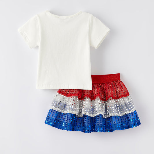 Girls 4th Of July "LITTLE MISS USA" Sequins Skirt Set
