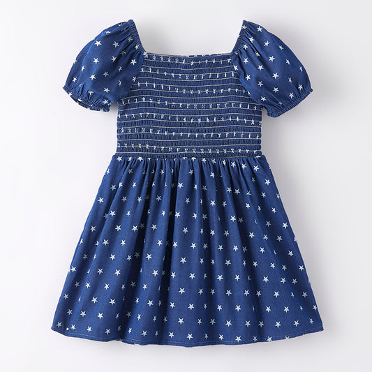 Girls 4th Of July Blue Star Smocking Dress