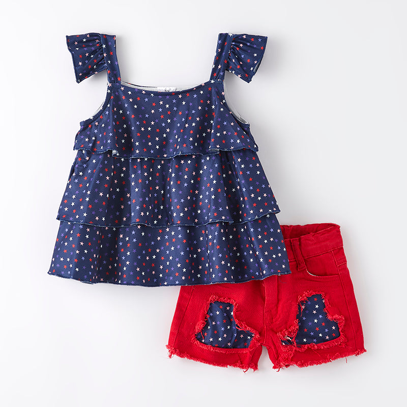 Girls 4th Of July Blue Star Red Denim Short Set