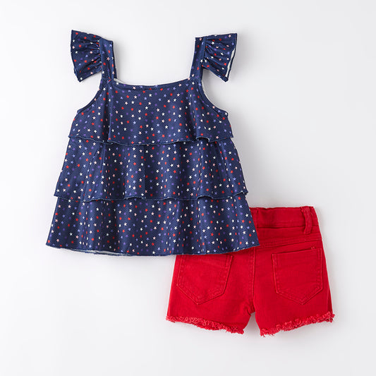 Girls 4th Of July Blue Star Red Denim Short Set