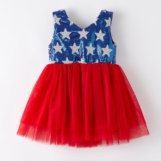 Girls 4th Of July Blue Star Sequins Red Tulle Dress