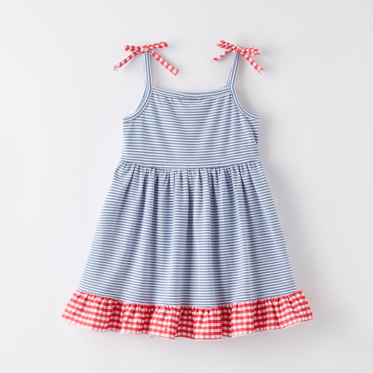 Girls 4th Of July Blue Stripes Flag Embroidered Slip Dress