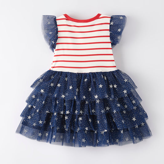 Girls 4th Of July FREE TO SPARKLE Blue Star Tulle Dress
