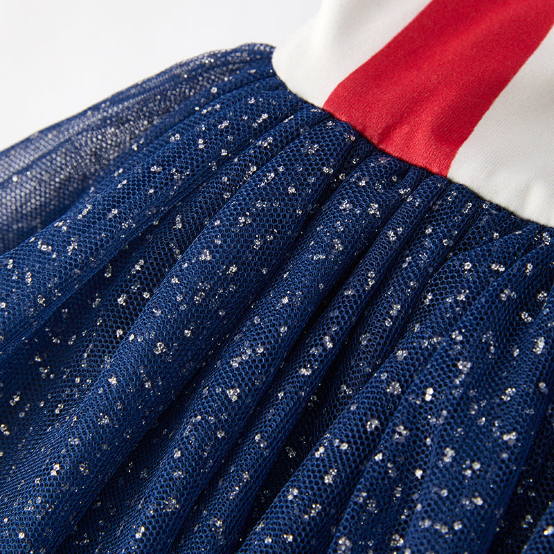 Girls 4th Of July Red Blue Star Tulle Slip Dress