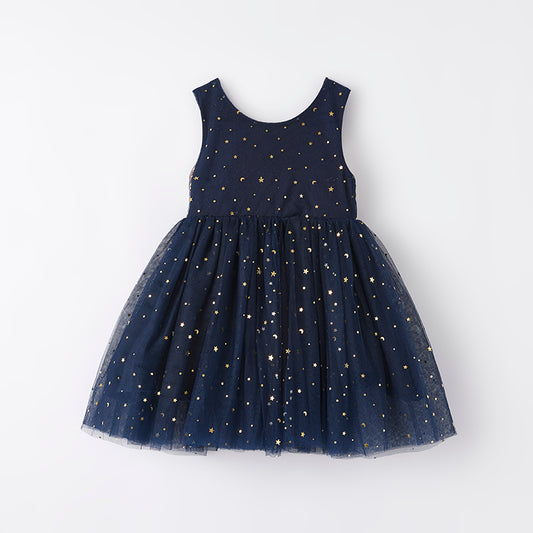 Girls Summer July 4th Gold Sequins Bow Navy Tulle Dress