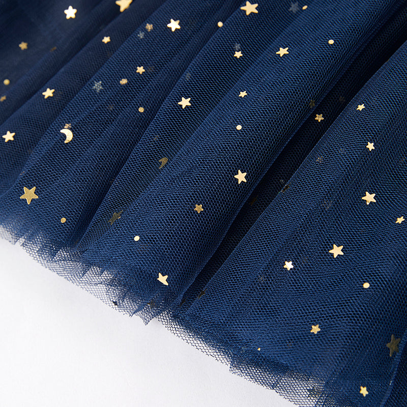 Girls Summer July 4th Gold Sequins Bow Navy Tulle Dress