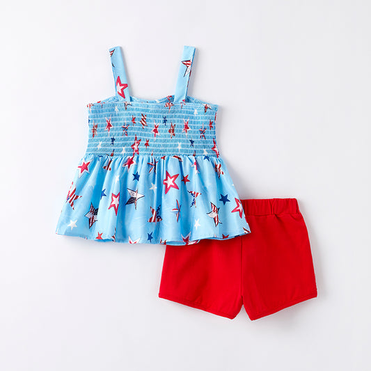 Girls July 4th Star Smocked Red Sequins Short Set