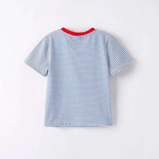 Boys July 4th Flag Embroidered Blue Stripes Cotton T-shirt