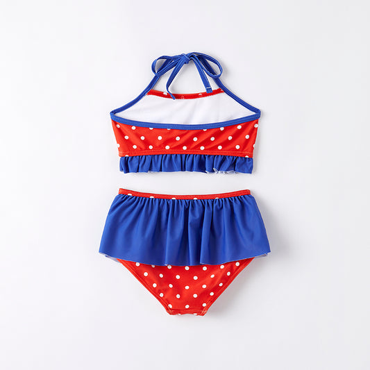 2 Pieces Girls July 4th Red Blue USA Flag Swimsuit Set