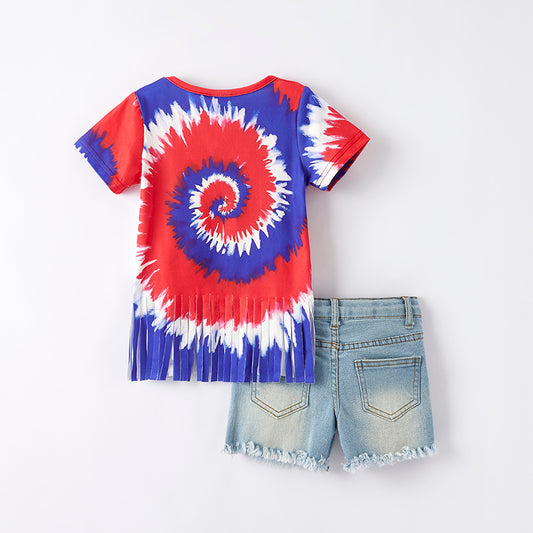 Girls July 4th Red Blue Tie-Dye USA Tassel Denim Short Set