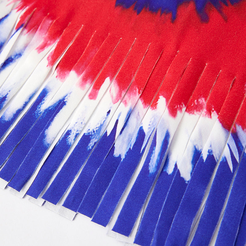 Girls July 4th Red Blue Tie-Dye USA Tassel Denim Short Set