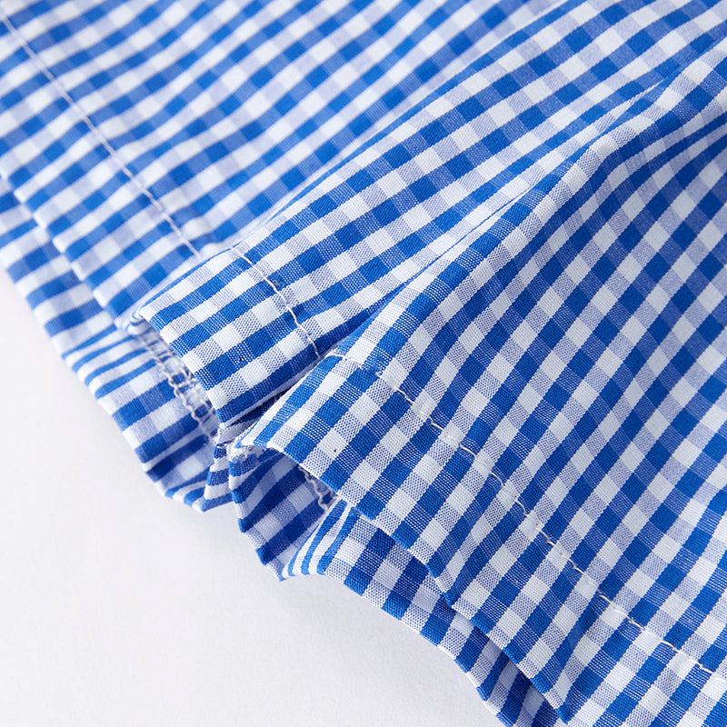 Girls July 4th Blue Plaid Flag Bow Jumpsuit