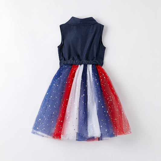 Girls July 4th Red Blue Star Tulle Fashion Dress