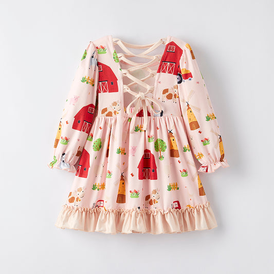 Girls Fall Autumn Farm Print Long Sleeves Dress