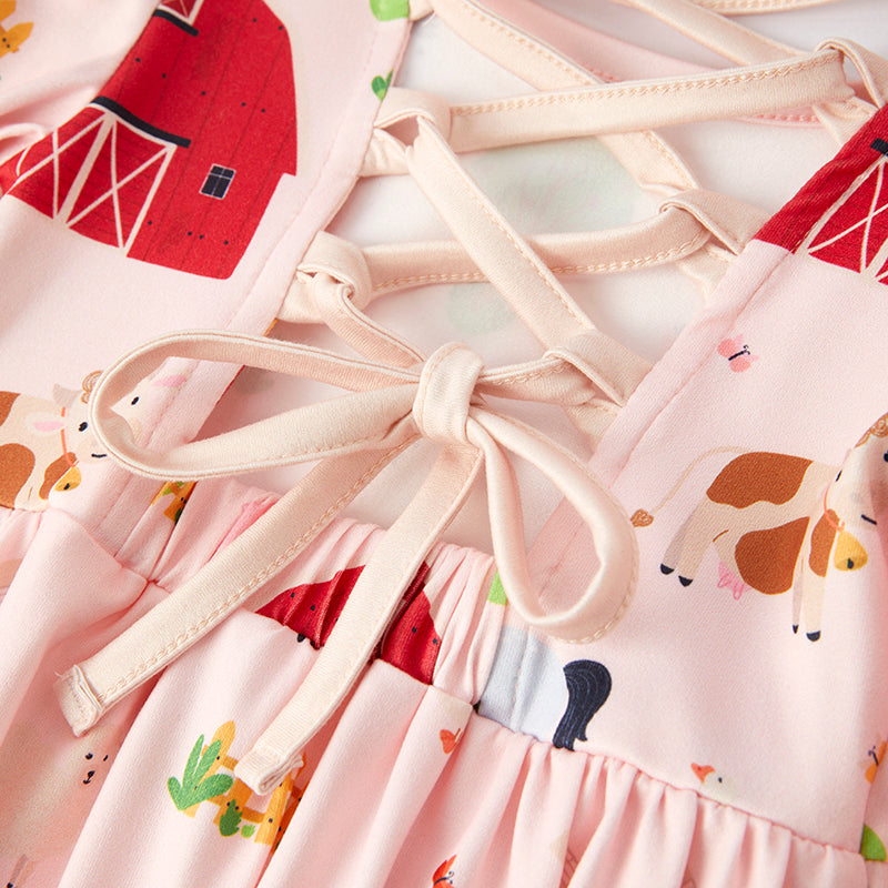 Girls Fall Autumn Farm Print Long Sleeves Dress
