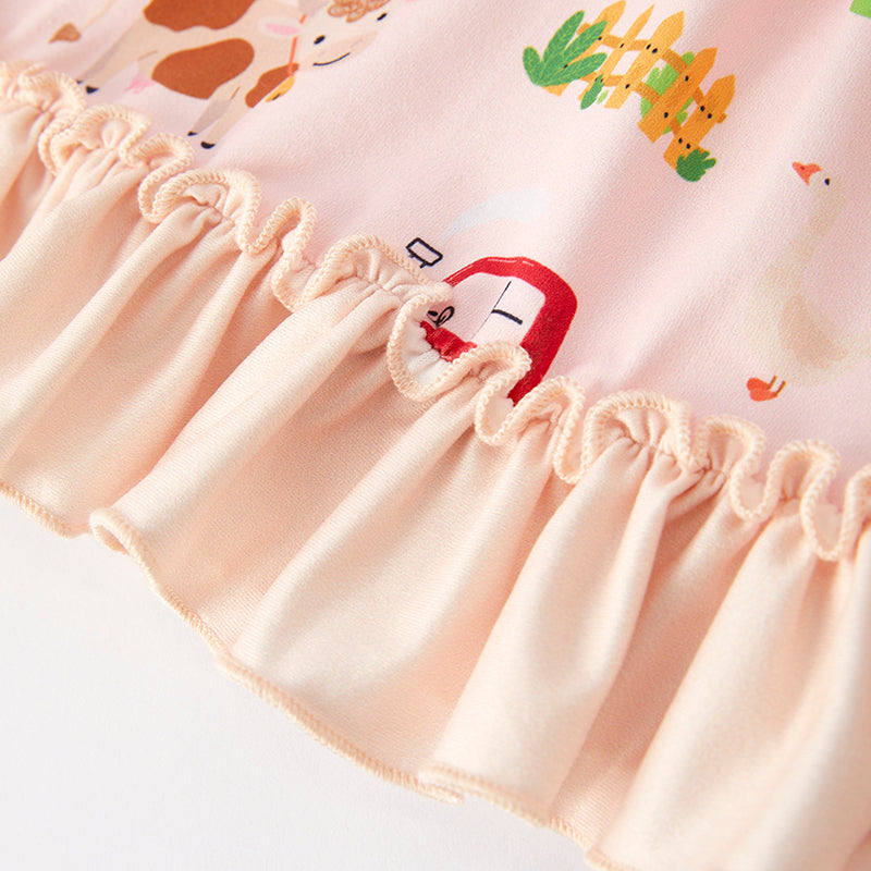 Girls Fall Autumn Farm Print Long Sleeves Dress