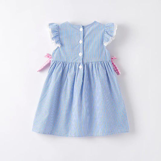 Girls Back To School Blue Stripes Pencil Applique Dress