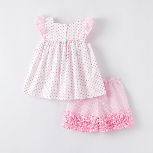 Girls Summer Watermelon Applique Pink Ruffled Short Set