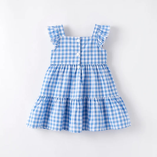 Girls Back To School Blue Plaid Sequins Apple Dress