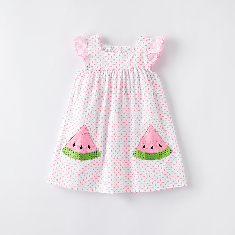 Girls Summer Watermelon Applique Pink Ruffled Dress