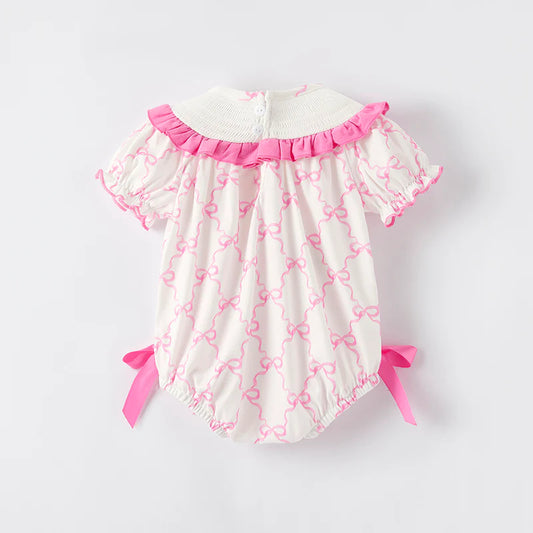 Baby Summer Pink Bow Smocked Embroidered Bubbles Romper