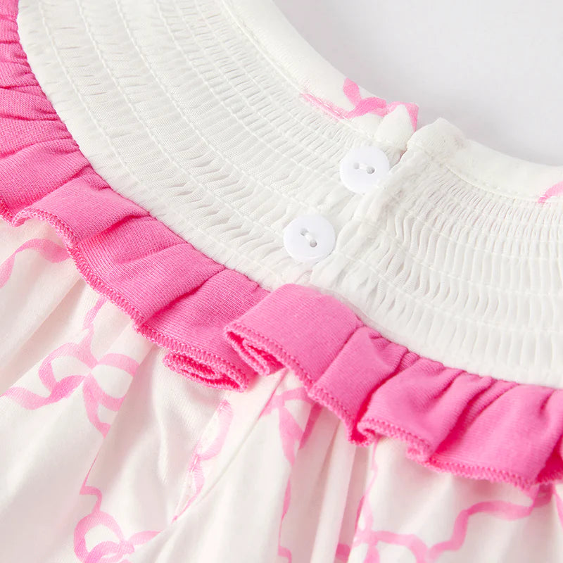Baby Summer Pink Bow Smocked Embroidered Bubbles Romper