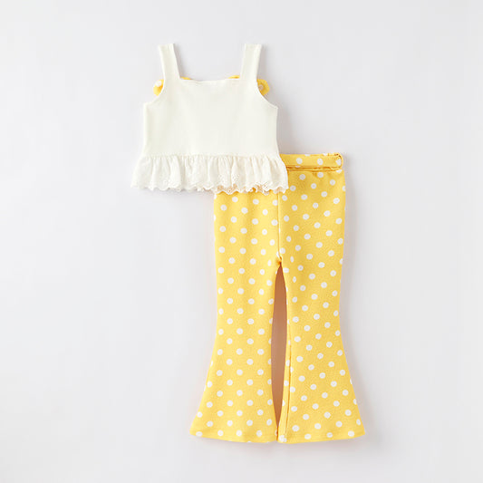 Girls Summer Yellow Dot Pant Lace Floral Embroidered Top Set