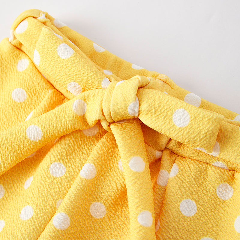 Girls Summer Yellow Dot Pant Lace Floral Embroidered Top Set