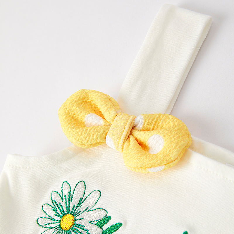 Girls Summer Yellow Dot Pant Lace Floral Embroidered Top Set