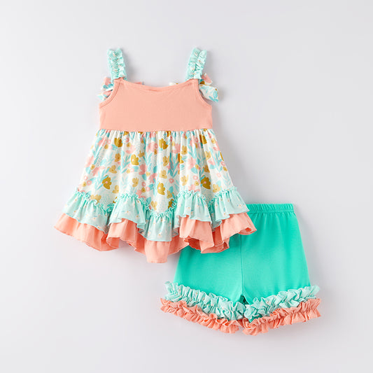 Summer Girls Coral Mint Floral Ruffled Short Set