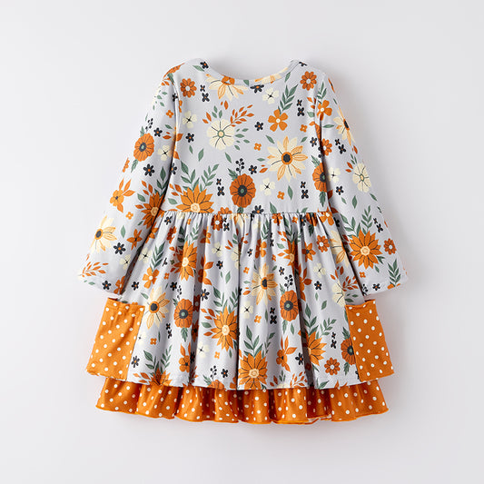 Girls Fall Autumn Brown Flower Ruffled Long Sleeves Dress