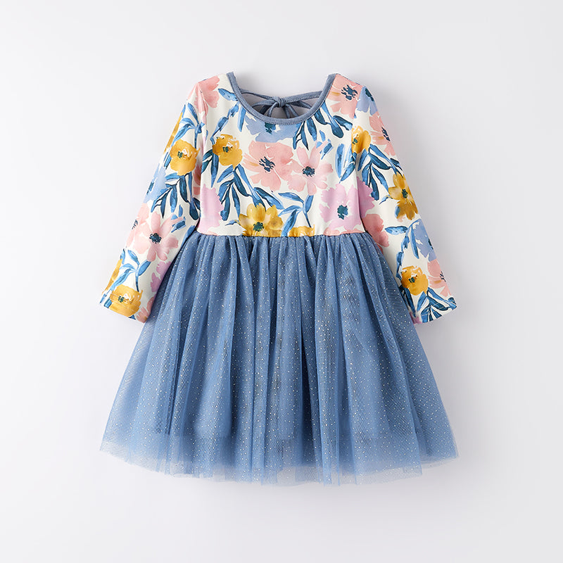 Girls Fall Autumn Pink Yellow Flower Blue Tulle Dress