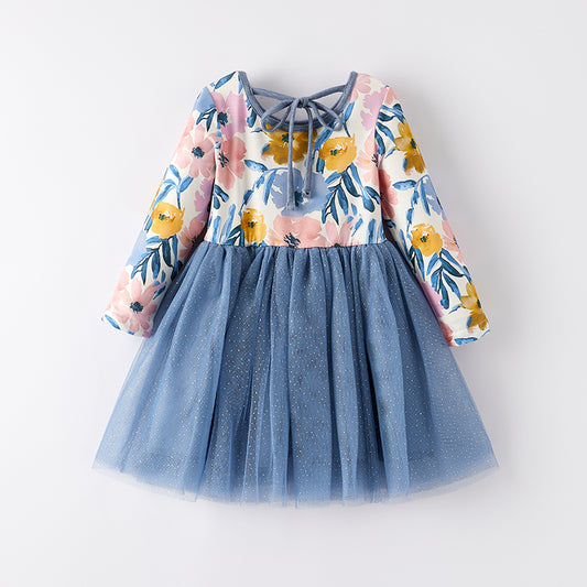 Girls Fall Autumn Pink Yellow Flower Blue Tulle Dress