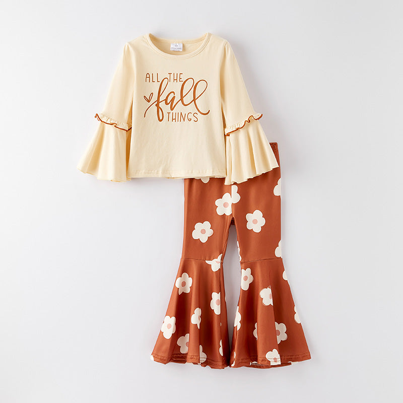 Girls Autumn ALL THE FALL THINGS Brown Flower Pant Set