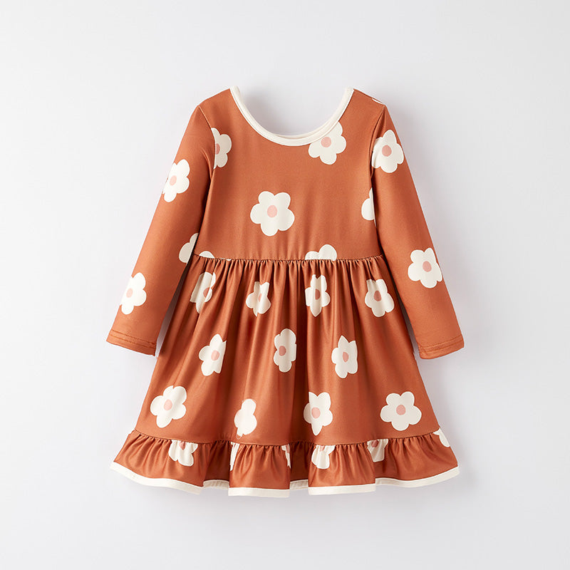 Girls Fall Autumn Brown Flower Long Sleeves Dress