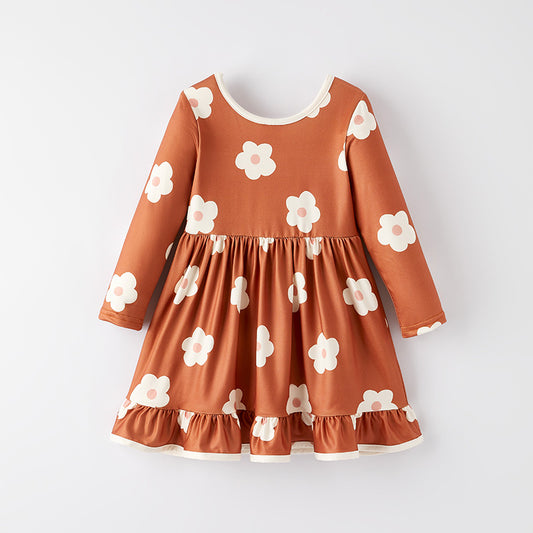 Girls Fall Autumn Brown Flower Long Sleeves Dress