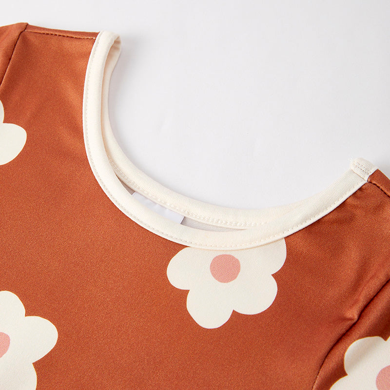 Girls Fall Autumn Brown Flower Long Sleeves Dress