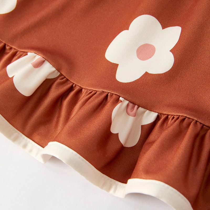 Girls Fall Autumn Brown Flower Long Sleeves Dress