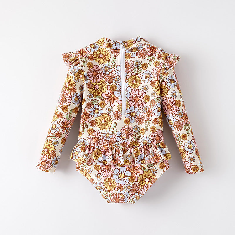 Girls One-Piece Long Sleeves Sunflower Print Swimwear