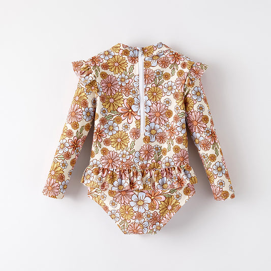 Girls One-Piece Long Sleeves Sunflower Print Swimwear
