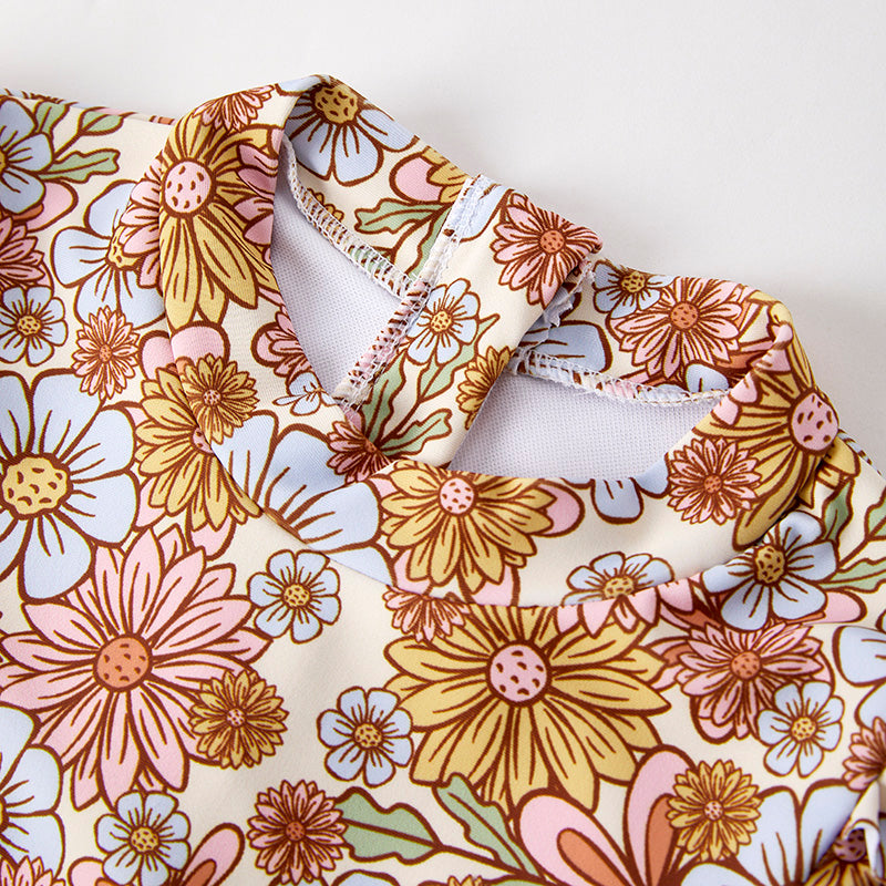 Girls One-Piece Long Sleeves Sunflower Print Swimwear