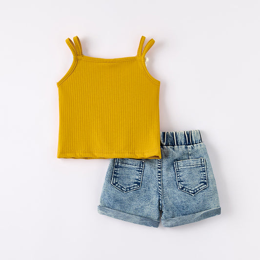Girls Summer Mustard Top Flower Denim Short Set