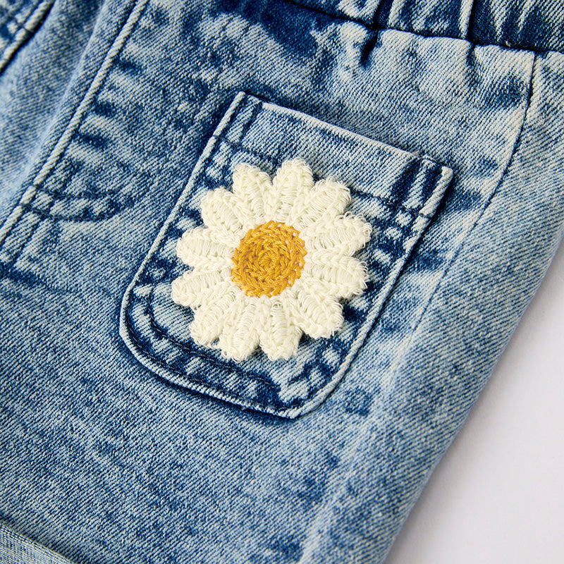 Girls Summer Mustard Top Flower Denim Short Set