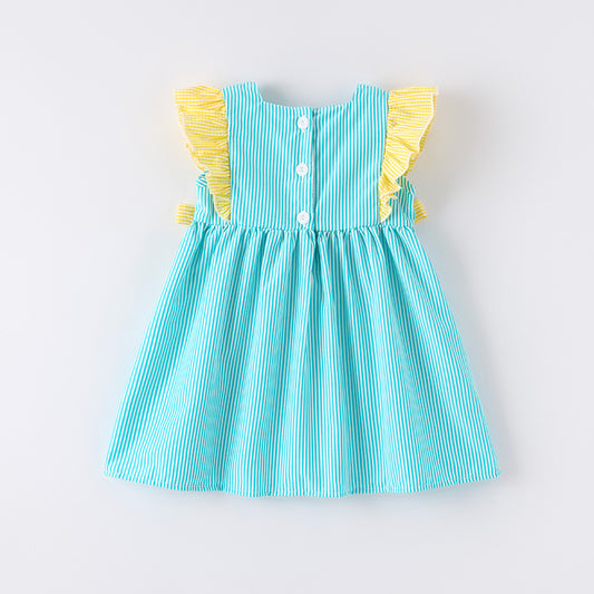 Girls Summer Ice-Cream Embroidered Yellow Teal Stripes Dress