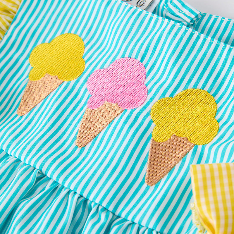 Girls Summer Ice-Cream Embroidered Yellow Teal Stripes Dress