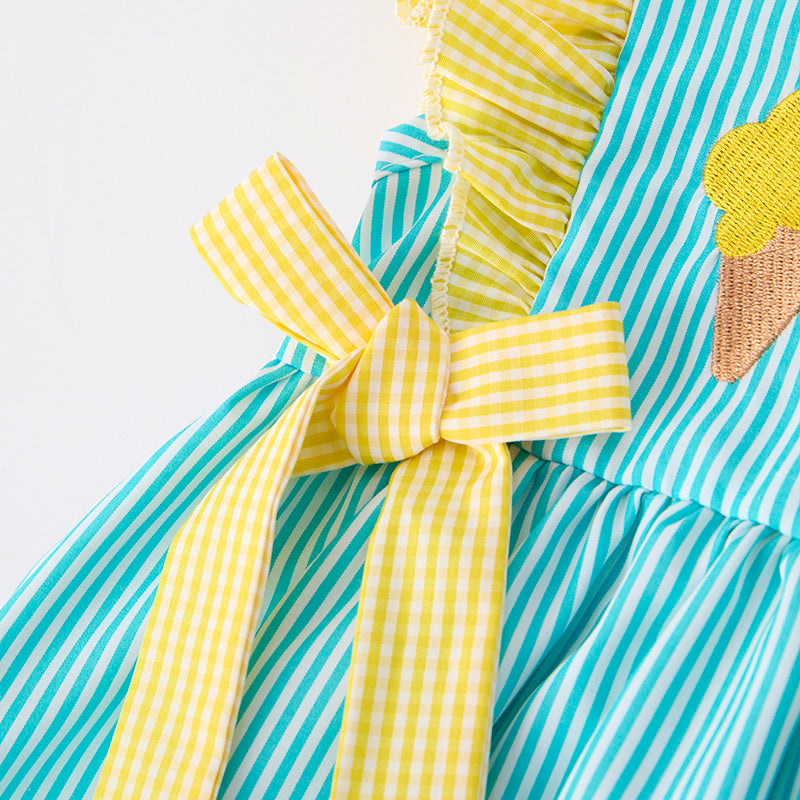 Girls Summer Ice-Cream Embroidered Yellow Teal Stripes Dress